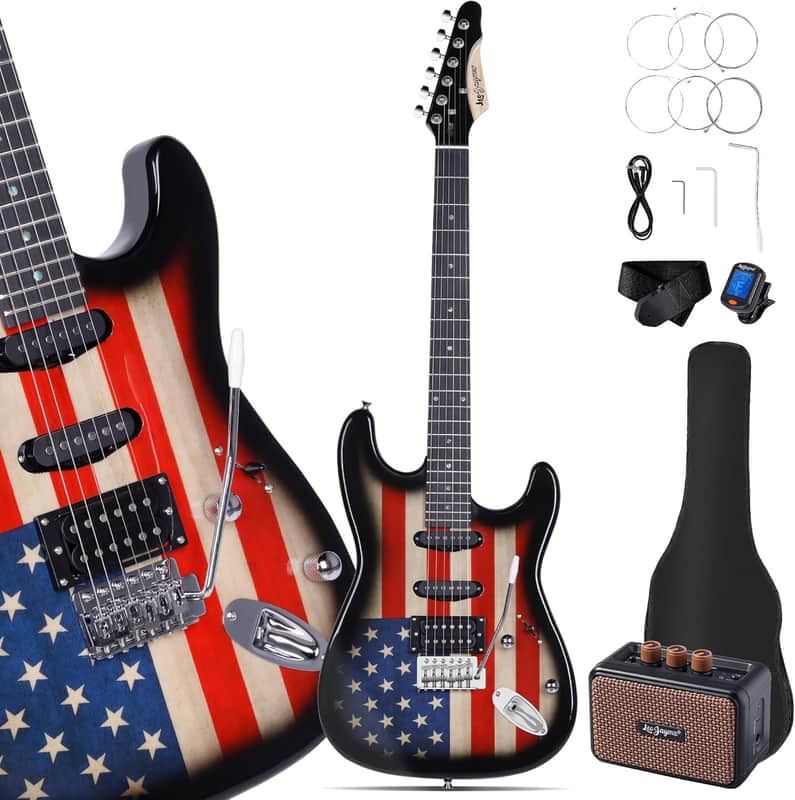 Leo Jaymz 39“ Full Size ST Style Electric Guitar Starter Kit with SSH Pickup, 5W Portable Amp - US Flag image 1