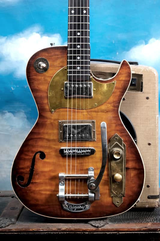 Postal Midnight Special Flamed Maple Tiger-burst-Duncan Pearly Gates pickups Bigsby Carved Scroll Headstock image 1