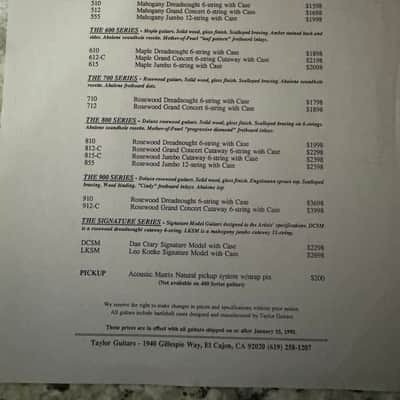 Taylor Price List & Catalog 1993 Dan Crary Koa 900 800 700 600 500 image 24