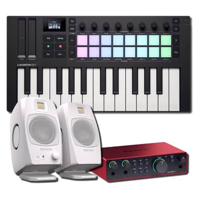 Novation Launchkey Mini 25 MK4 25-Key Mini MIDI Keyboard Controller White Studio Bundle with ADAM Audio D3V White Active Desktop Monitors (Pair) and Focusrite Scarlett 2i2 4th Gen USB-C Audio Interface