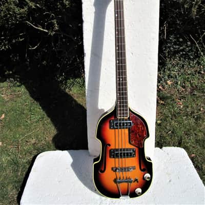 Beatle Bass Copy, 1960's, Japan, Scroll Headstock, Sunburst, Case image 2