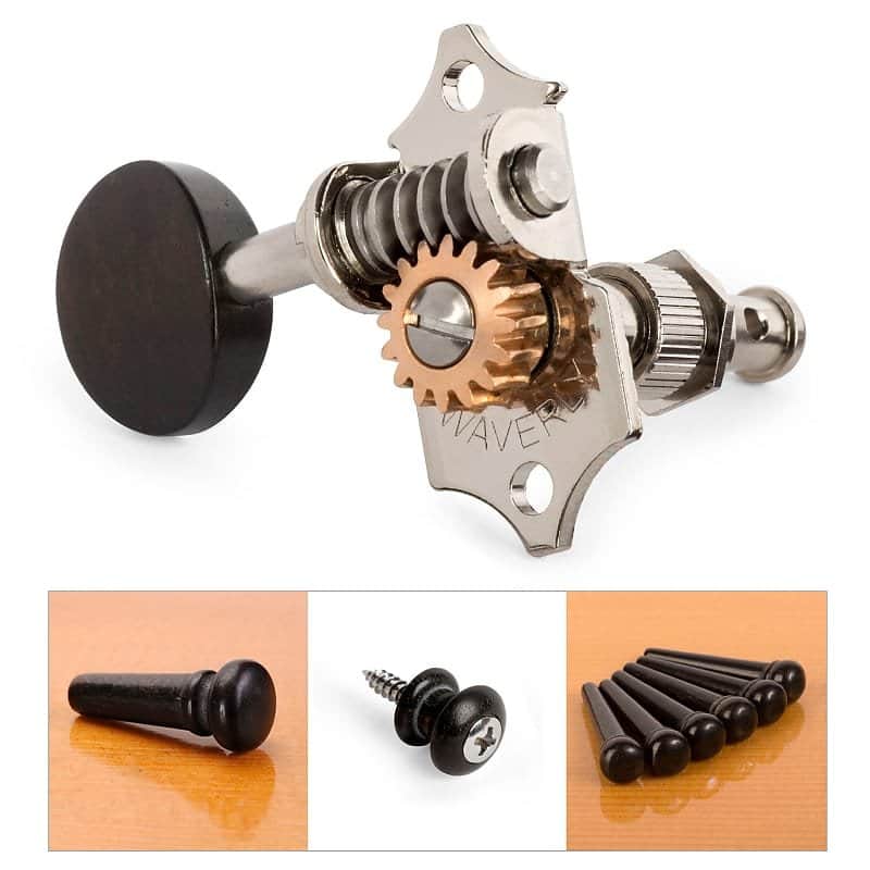 Waverly Anniversary Collection Tuners Complete Set in Ebony, Nickel, Bridge Pins, End Pin, and Strap Button Included image 1