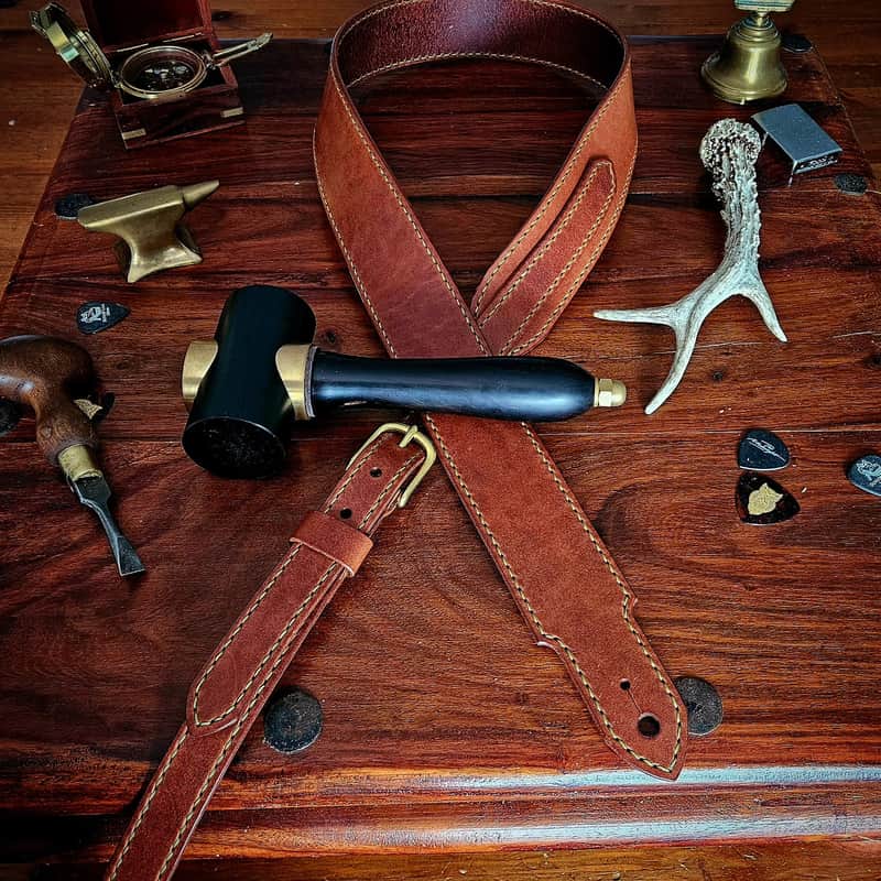 Handmade Leather Guitar Strap - Wolf in Chestnut and Pea Green [SOLD, MORE MADE TO ORDER] image 1