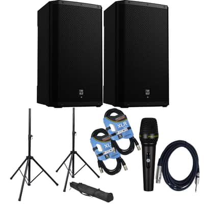 (2) Electro-Voice ZLX-15P-G2 15″ 1000W Powered Speaker, (2) Speaker Stands, (2) XLR Cable, PSG Audio C350 Bundle image 1