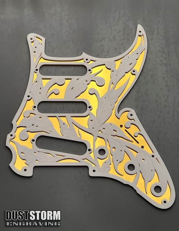 Engraved Layered Pickguard & Free Tremolo Cover in Gold Mirror Glossy White Acrylic Design #3 for Fender Stratocaster HSH, HSS, SSS Setups image 1