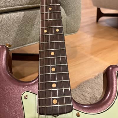 Stratocaster -1963 replica, Chunky highly figured Brazilian Rosewood slab Musikraft neck/ JM Rolph 1963 pickups/ nitro guard /mjt relic Purple Mist body/ relic gold hardware image 7