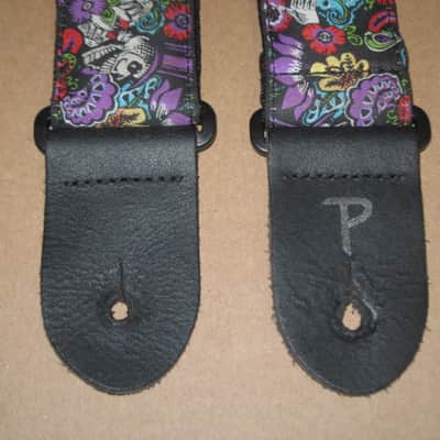 lightly used Perri's 2" Floral Skulls Jacquard Guitar Strap, TWS-7274, Floral Skulls High Quality Jacquard Ribbon Sewn on Tubular Webbing with Leather Ends, Adjustable length 39" to 58" (from early 2020s) image 6