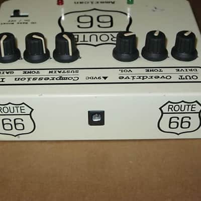 used Visual Sound Route 66 Overdrive & Compression 1st ver of orig model RT66 (late 1990s) only works with adapter (NOT included), has battery clip - but can't power a battery clip (don't know why) + new feet & strings image 20