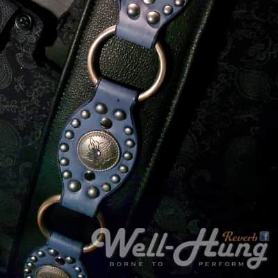 Well-Hung No Prisoners "Blue Steel"  3" wide padded black leather guitar strap with studded feature image 4