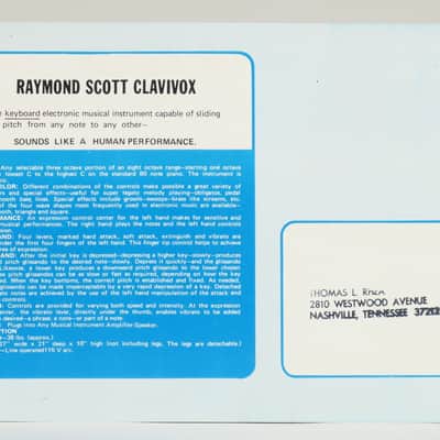 Raymond Scott Clavivox electronic performance instrument leaflet, addressed to Thomas L. Rhea image 2