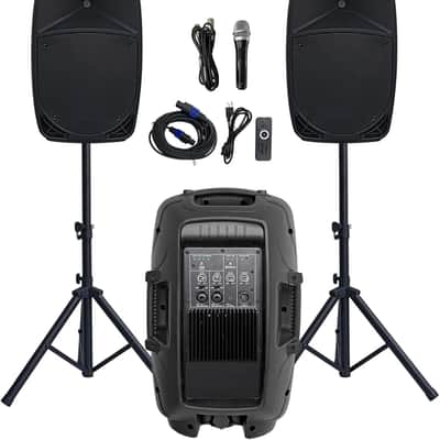 10-inch PA Speaker System, 1200W High Powered Bluetooth Compatible Active + Passive Pair Outdoor Sound Speakers, Outdoor Karaoke Machine, FM Radio, Remote Control,2 Speaker Stands,Supports SD Card/USB image 1