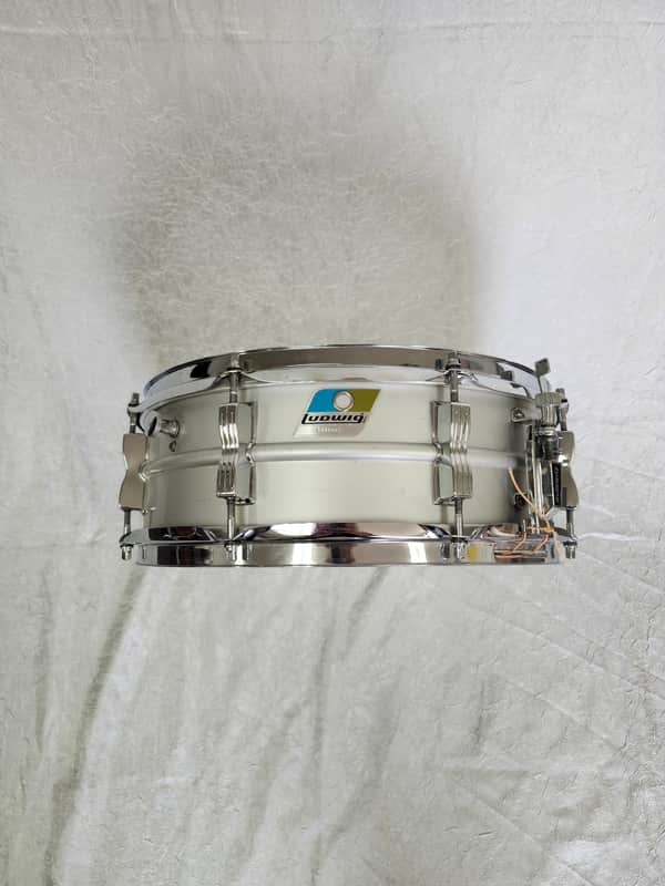 Ludwig No. 404 Acrolite 5x14" 8-Lug Aluminum Snare Drum with Pointed Blue/Olive Badge 1969 - 1979 - Matte Aluminum