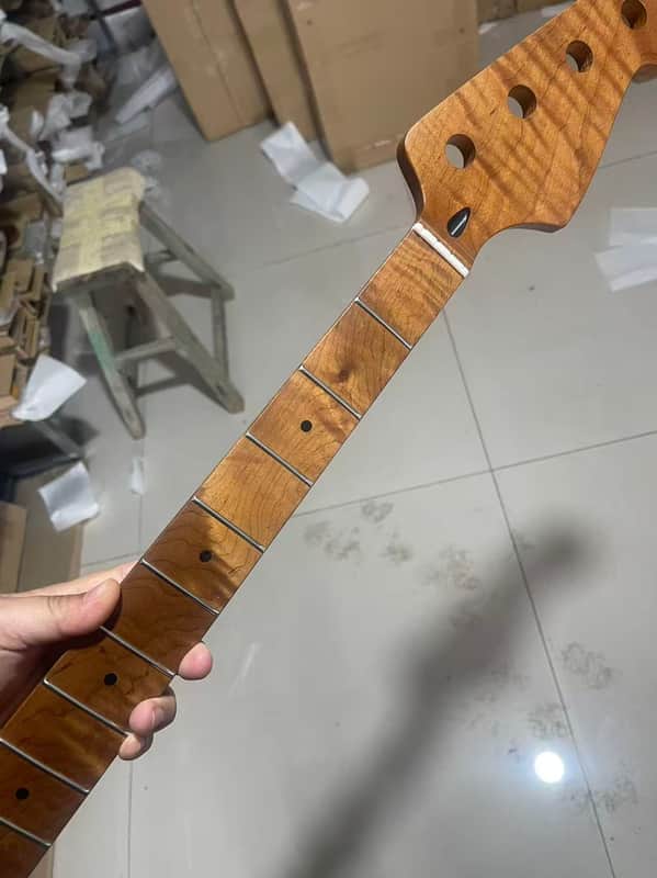 4 string electric bass neck jazz bass stainless steel 20 frets Roasted flame Maple guitar neck 34inch hole 18mm black dot inlay image 1