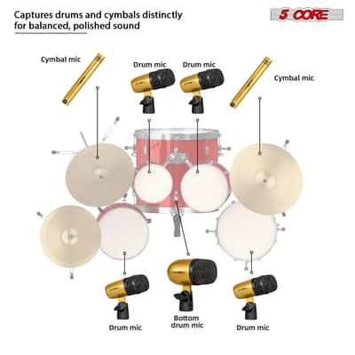 5 Core Drum Microphone Kit 7 Piece All Metal Drummer Instrument Mics Tom/Snare & Cymbals Set - Gold image 5