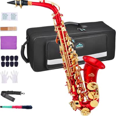 ER Red/Gold E♭ Alto Saxophone – Beginner/Student Full Kit w/ Case, Mouthpiece, Reeds, Cleaning Kit & More image 2