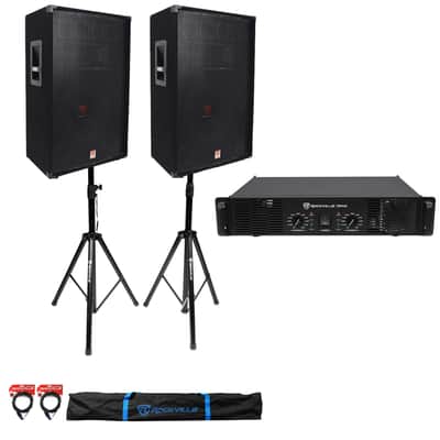 (2) Rockville RSG15 15" PA Speakers + Rockville RPA9 Amp + Stands + Cables+Case image 16