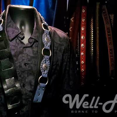 Well-Hung No Prisoners "Blue Steel"  3" wide padded black leather guitar strap with studded feature image 6