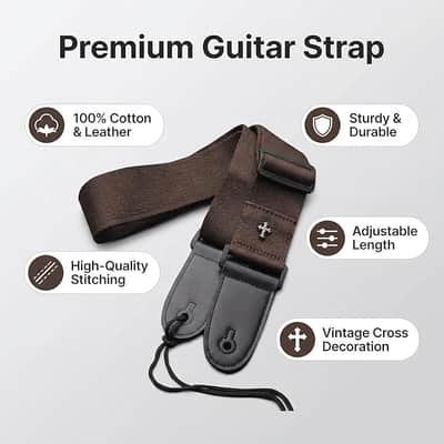 Vintage Cross Woven Guitar Strap w/ Leather Ends & Pick Pocket for Acoustic Electric Bass Guitar image 2