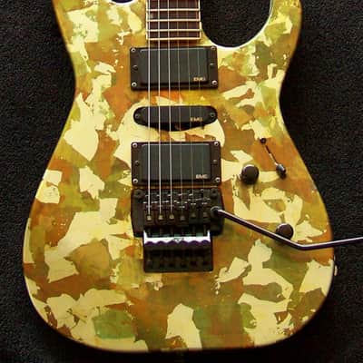 COLLECTORS: VERY RARE "Gold Camo" Original 1989 ESP Mirage Deluxe serial number 91032 Japanese-made "Golden Era" Superstrat Gold Camo" finish with Original ESP Sinclair bridge with Gold Label EMG pickups image 1