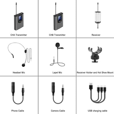 Wireless System with Dual Headset Microphones/Lavalier Lapel Mics and Bodypack Transmitters and One Mini Rechargeable Receiver 1/4" Output, for Live Performances image 3