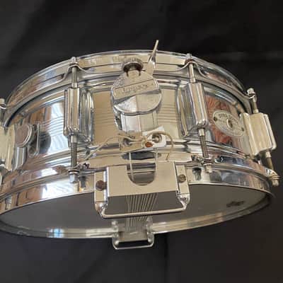 RARE Vintage Rogers "7-Line" w/ Tall Boy Hoop Dyna-Sonic Snare Drum 5"x14" Chrome Over Brass image 5