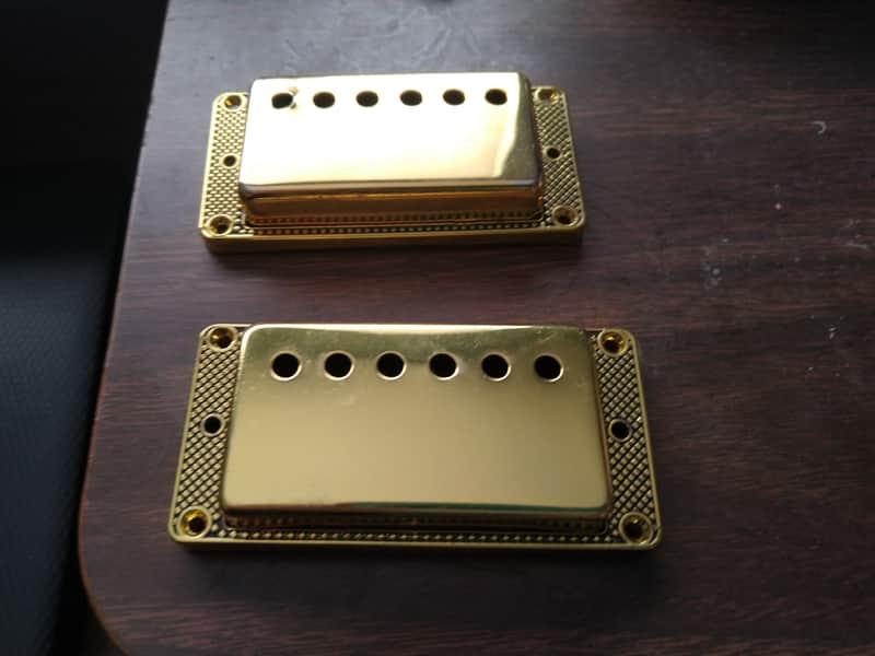 Gibson Type Gold Humbucker Covers 2.07" wider trembucker spacing with Gold surrounds / mounts  parts for luthier project restoration ES-345, Les Paul Custom etc image 1