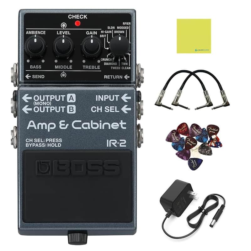 Boss IR-2 Amp & Cabinet Emulator Bundle with 2 Right Angle Patch Cables, 12 Guitar Picks, 9V Power Adaptor & Polishing Cloth – 11 Amp Types, Celestion Cab IRs & USB-C Recording image 1