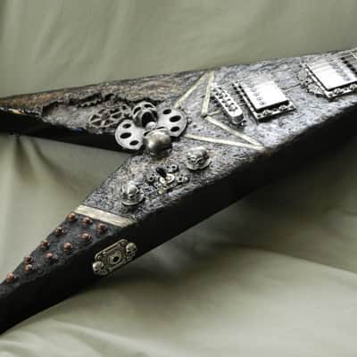 Steampunk Skull B.C. Rich junior V Guitar hand sculpted top handmade skull hardware flying v image 10