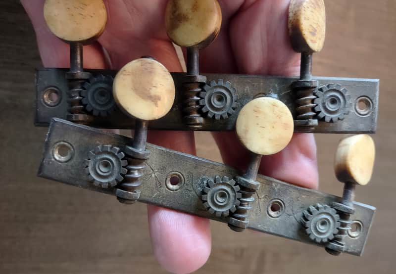 ca. 1875 Strip 3-on-a Side Guitar Tuning Machines Geared Tuners Brass image 1