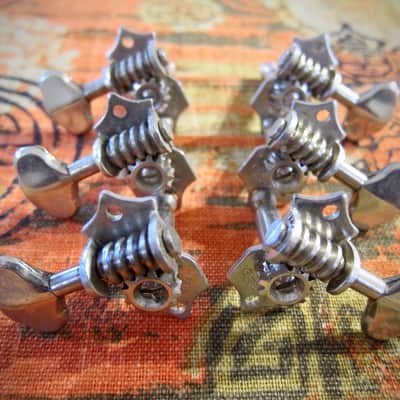 Grover Sta-Tite Guitar Tuners set of (6) three on a side near mint Circa 1950s-1960s - Nickel with Metal Buttons image 2