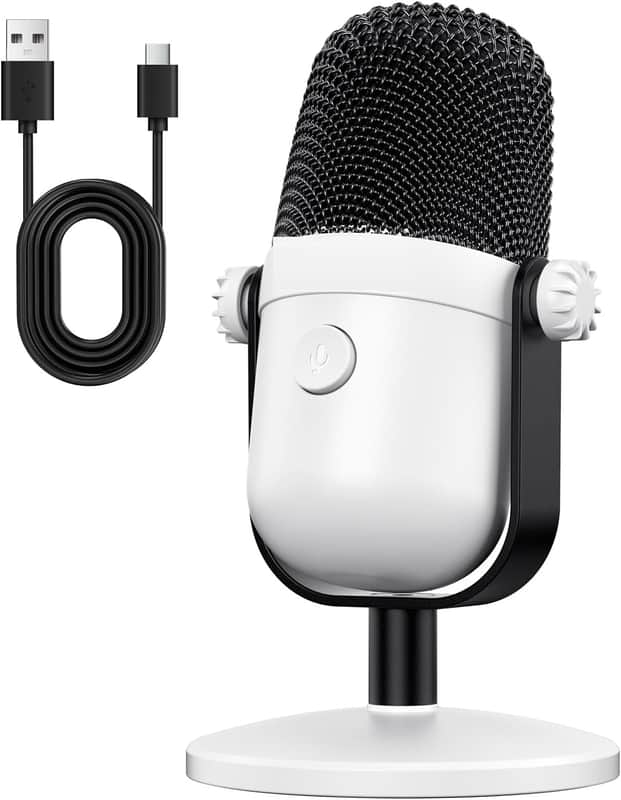 Gaming Microphone with Noise Cancellation & Mute Button, USB Condenser Mic for Streaming/Recording, Ultra-Compact Design, Compatible with PC/Mac/PS4/PS5, Podcast/YouTube/Twitch/Discord (White) image 1