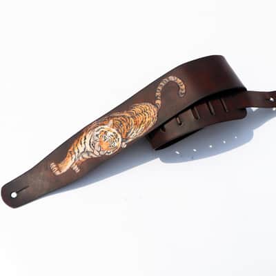 burnyblack custom made guitar strap leather 2.5" - tiger brown image 4
