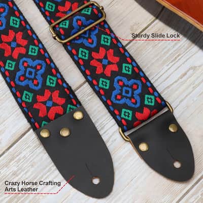 Guitar Strap, Colourful Flowers, Three Spikes Leather Ended Acoustic Guitar Electric Guitar Bass Guitar Straps, Free with Lock and Head Strap image 2
