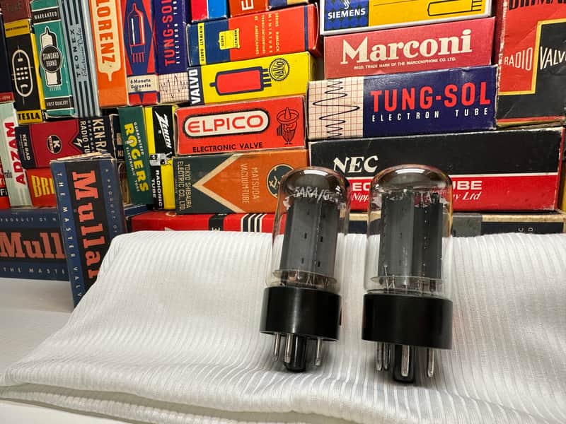 2x Vintage Matched Sawtooth Mullard GZ34 5AR4 ~ F32 B3A5 / B3XX etch codes ~ Authentic Blackburn Gt Britain ~ Grail Top '60s Rectifier Tubes ~ Musical Warm Dynamic Liquid Vintage Audio ~ 101/100 102/102 % Gm ~ Faint Labels image 1