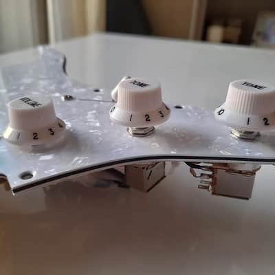 Handmade prewired HSH Neodymium Strat pickguard with HB split switch TR BL and mid PU cutoff switch image 8