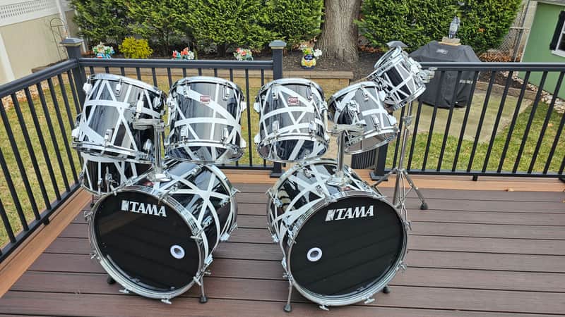 Vintage 80's Double Bass Tama Swingstar 9 piece Drumset MIJ with Van Halen style wraps image 1