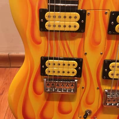 Custom Made 6 + 6 Baritone Solid Body Doubleneck Guitar 2022 Yellow w/ Flames image 3