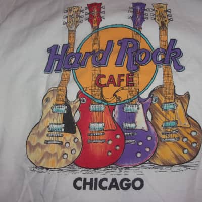 Hard Rock Cafe Chicago IL with 4 Gibson Les Paul Electric Guitars on Back Large white  Shirt Tshirt image 1