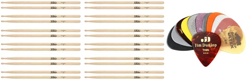 On-Stage Maple Drumsticks 12-pair - 5A - Wood Tip  Bundle with Dunlop PVP101 Guitar Pick Variety Pack - Light/Medium image 1