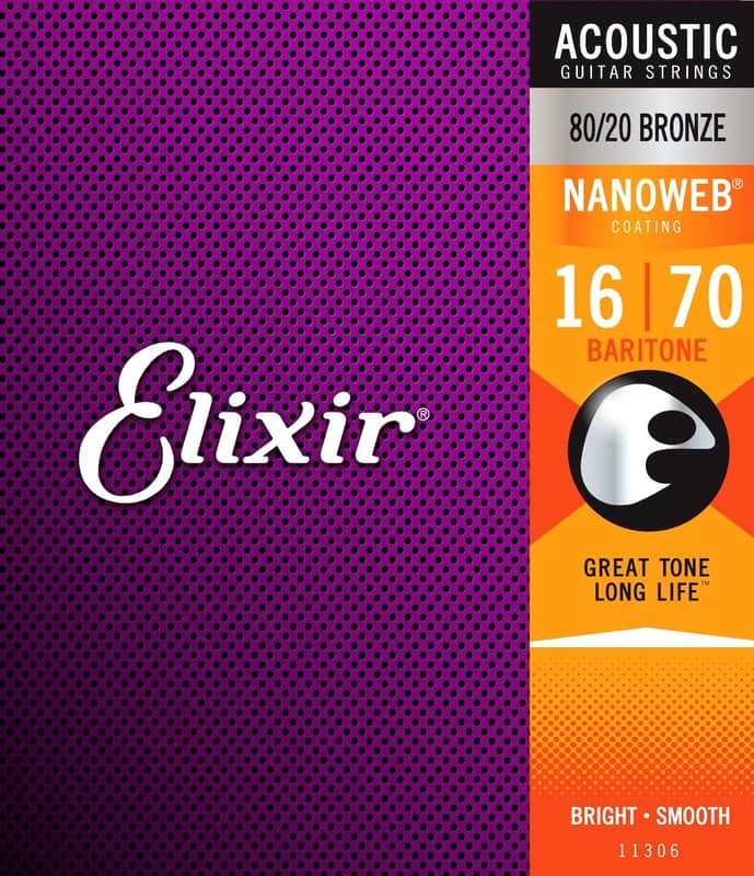 Elixir 11306 80/20 Bronze Baritone Acoustic Guitar Strings with NANOWEB. 16-70 image 1