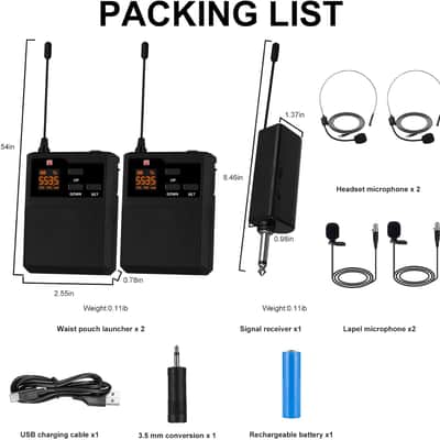 Wireless Lapel Microphone System with Headset & Lavalier Mics, Dual Bodypack Transmitters, Mini Rechargeable Receiver, 48 Channels in 500MHz UHF Band, 260ft Range for Wedding Speech Church image 1