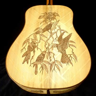 Blueberry Dreadnought Acoustic Steel String Guitar Birds Motif - Hand Made and Hand Carved image 7