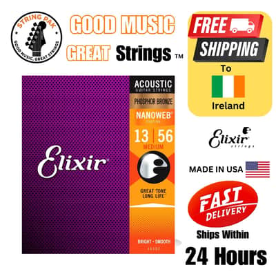 Elixir Acoustic Guitar Strings Nanoweb Phosphor Bronze 13-56 + 2 FREE Strap Lock image 1