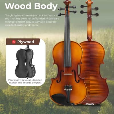 Violin 4/4 Full Size Set, Fiddle Solid Wood for Professional Intermediate Beginners Adults Kid Teens Student Acoustic Violins Kit with Ebony Fittings, Hard Case, 2Pcs Violin Bow by Vangoa image 3