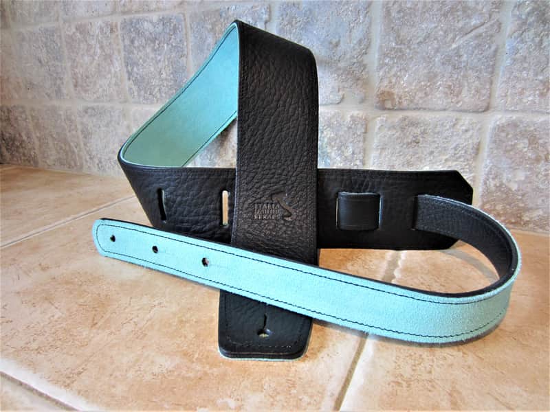 Italia Leather Straps 2.5 INCH WIDE BLACK LEATHER GUITAR STRAP Black-Seafoam 2026 image 1
