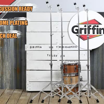 Straight Cymbal Stand Set (4-Pack ) by GRIFFIN | Double-Braced Legs, Slip-Proof Gear Holder & Lightweight for Mobile Drummers | Chrome Percussion Kit for Mounting Crash & Splash Cymbals image 9