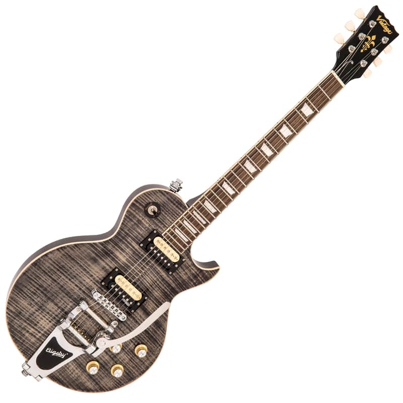 Vintage Reissued Series V100BLB Electric Guitar, Flamed Thru Black W/ Bigsby image 1