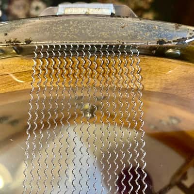 1940s Slingerland Super Gene Krupa Radio King 7x14” 16-Lug Solid Maple Snare, Aluminum War Time Badge - White Marine Pearl image 9