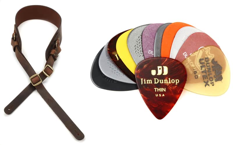 LM Products Odin Viking Series Leather Strap - Brown Bundle with Dunlop PVP101 Guitar Pick Variety Pack - Light/Medium (12-pack) image 1
