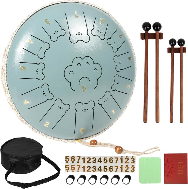 Bear Steel Tongue Drum 13 Inch 13 Note, Steel Drum with Mallets 2 Pairs, Carry Bag and Music Book, C Major Percussion Instruments, Hand Pan Drums for Adults and Kids (Moss Blue) image 1